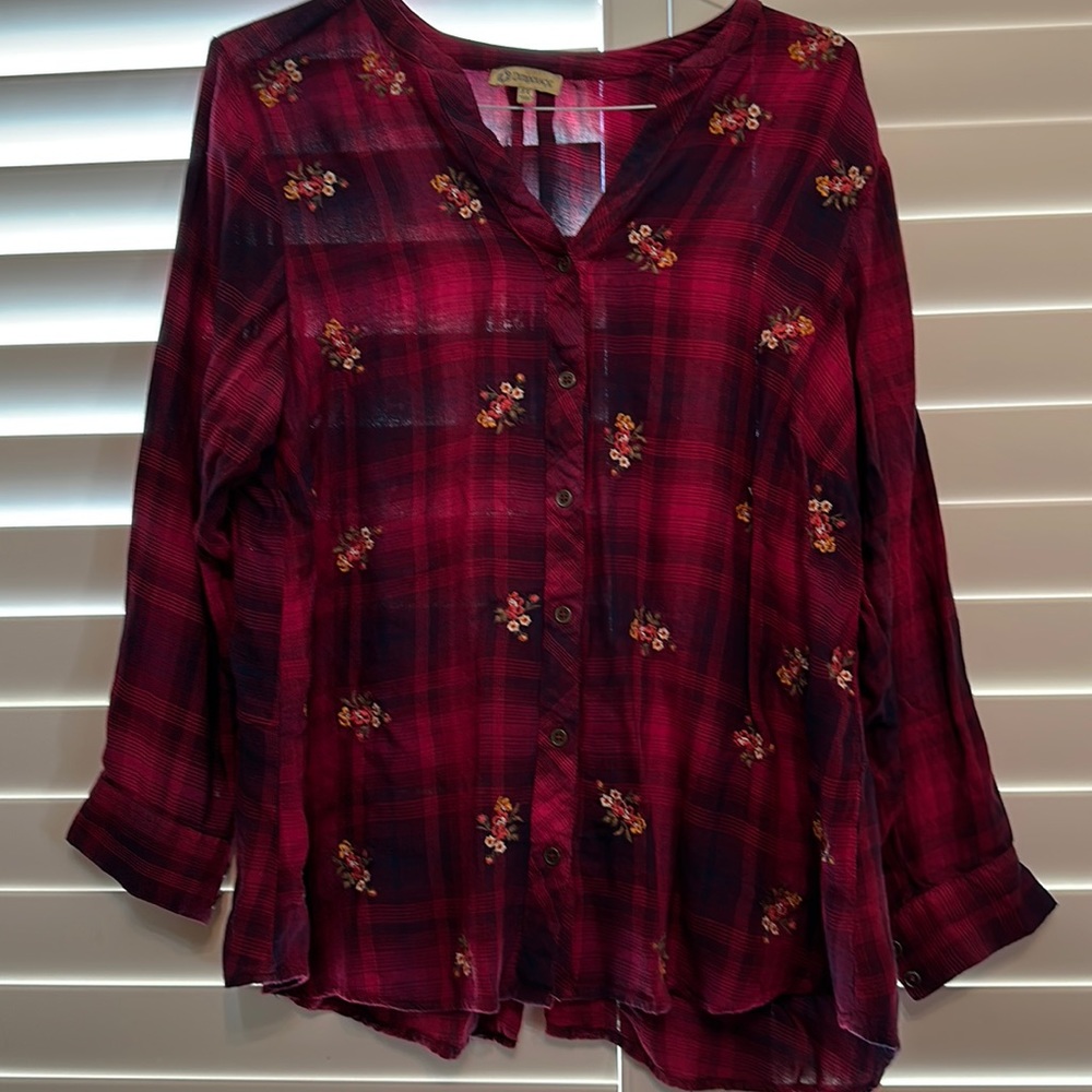 Red check blouse with floral pattern